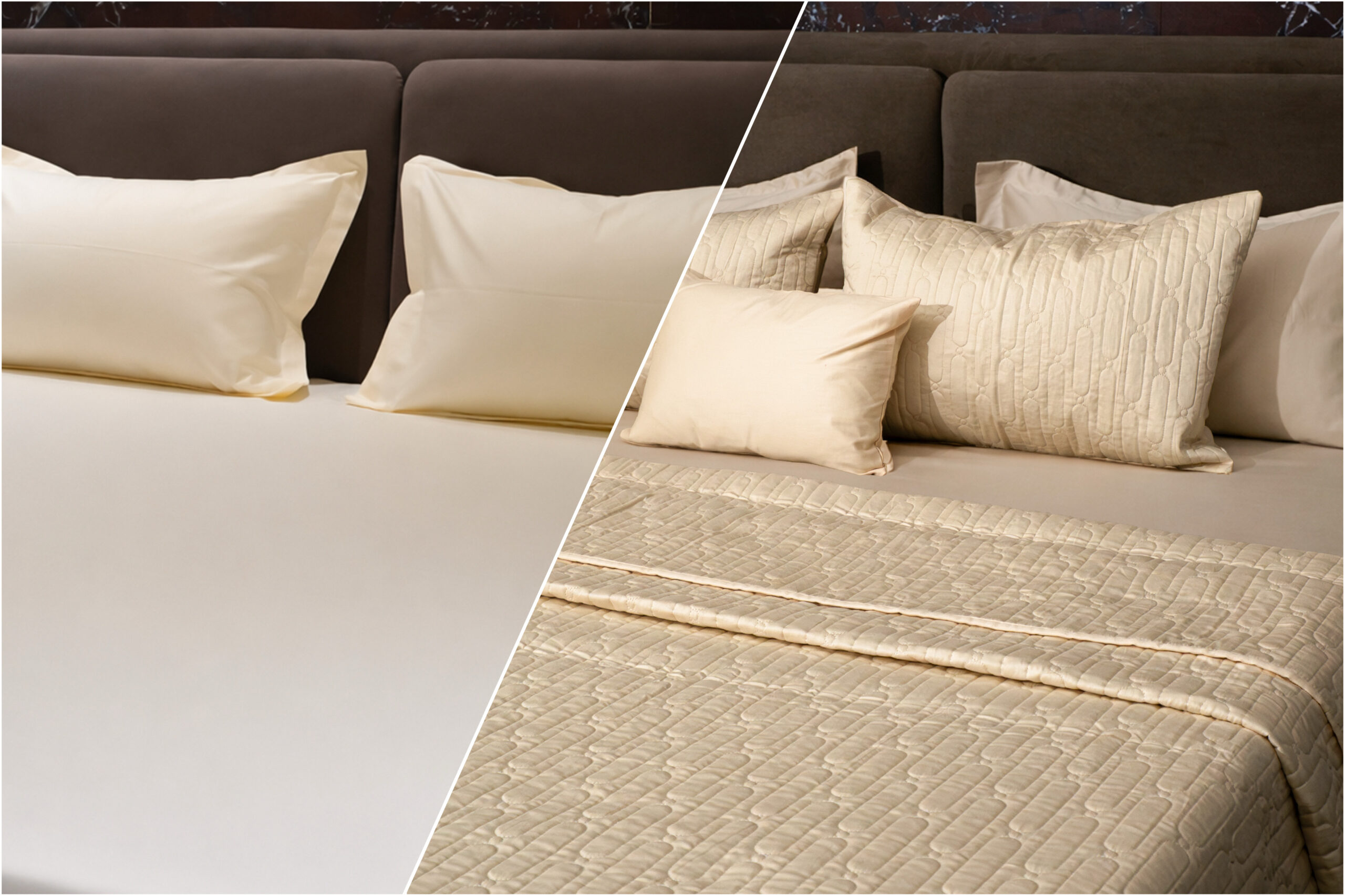 Side-by-side comparison of a plain white bedsheet and a quilted cream bedspread showing the difference between a bedsheet and a bedspread.